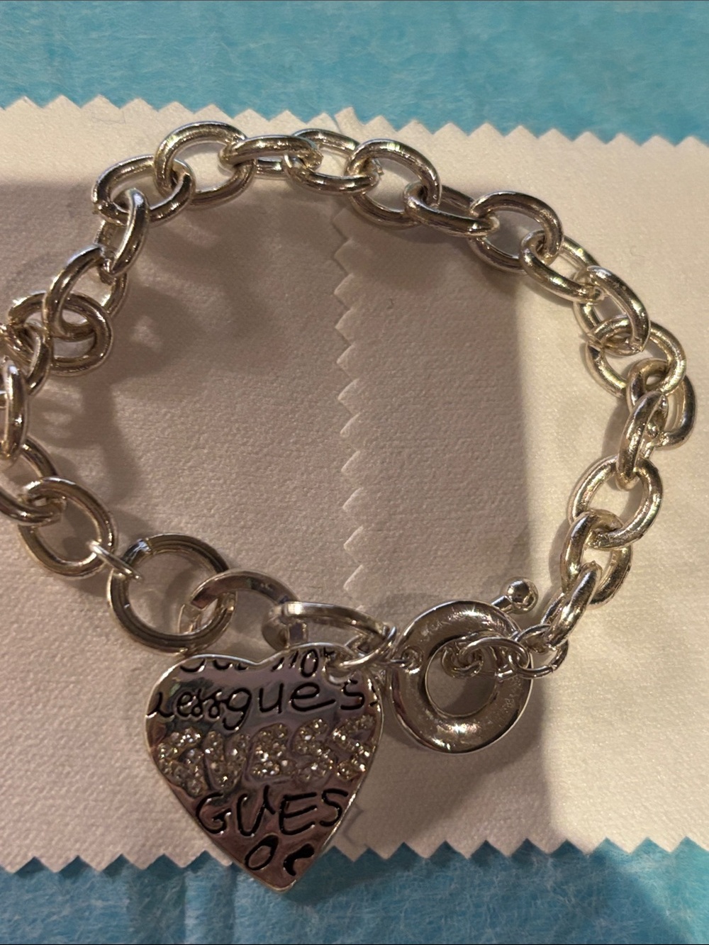 Guess Silver Heart Charm Chain Bracelet with Crystal Accents